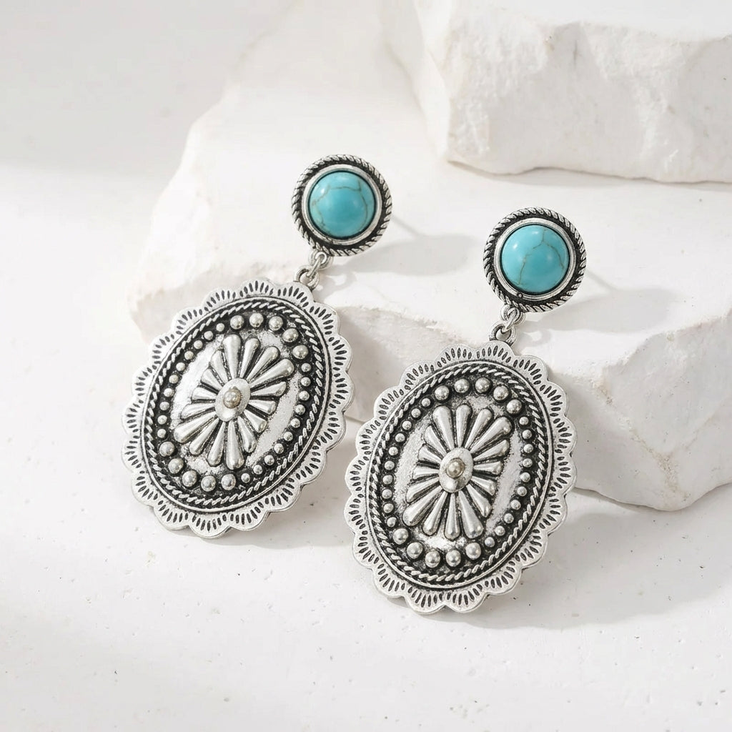 Western Boho Silver-Plated Turquoise Concho Drop Earrings