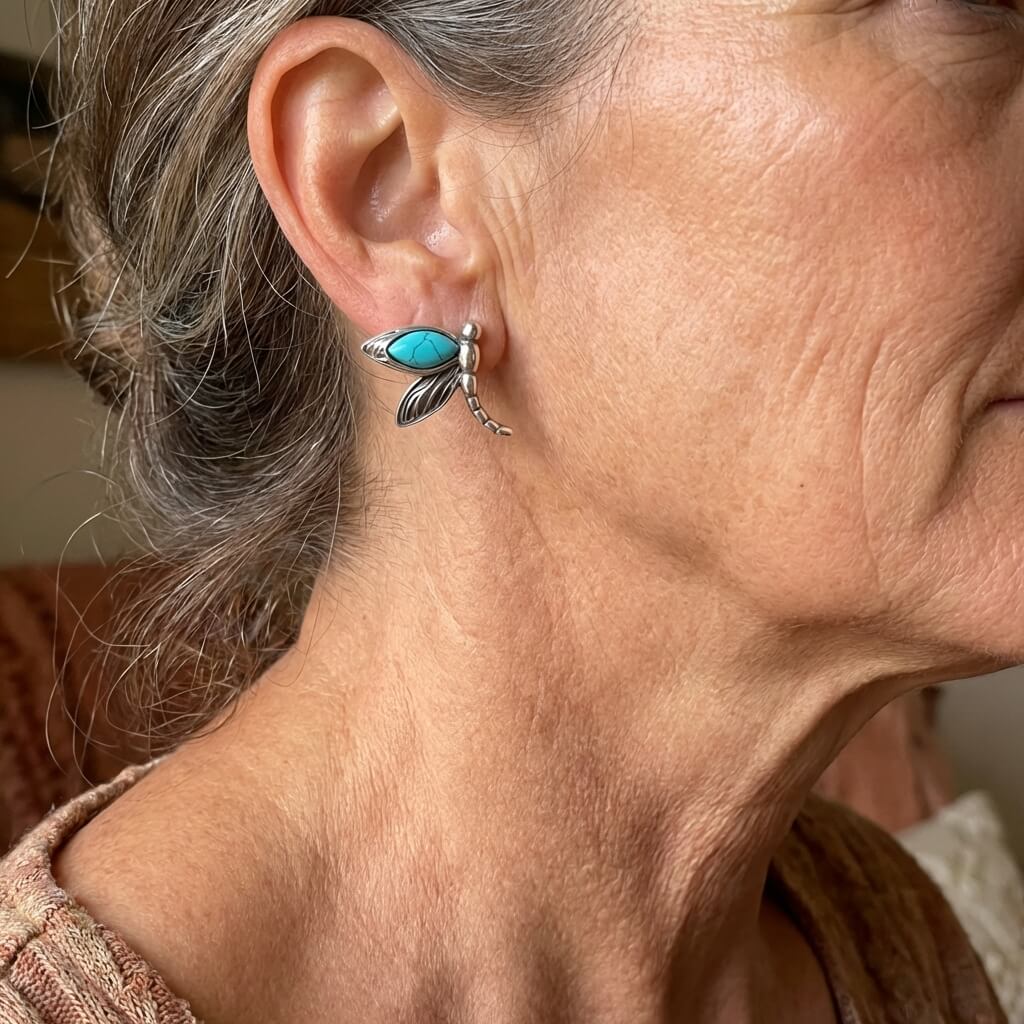 Vintage Turquoise Dragonfly Silver-Plated Stud Earrings