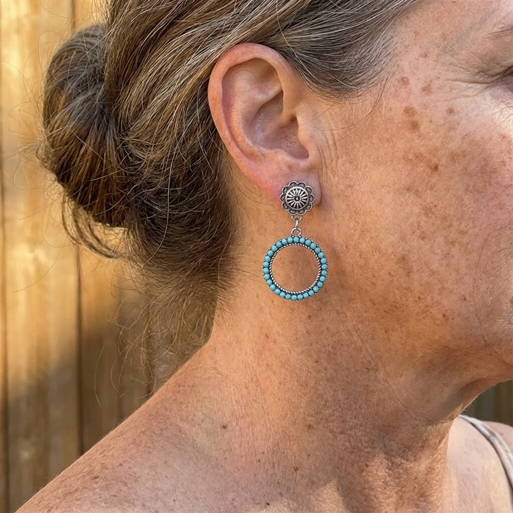 Vintage Bohemian Turquoise Concho Hoop Earrings