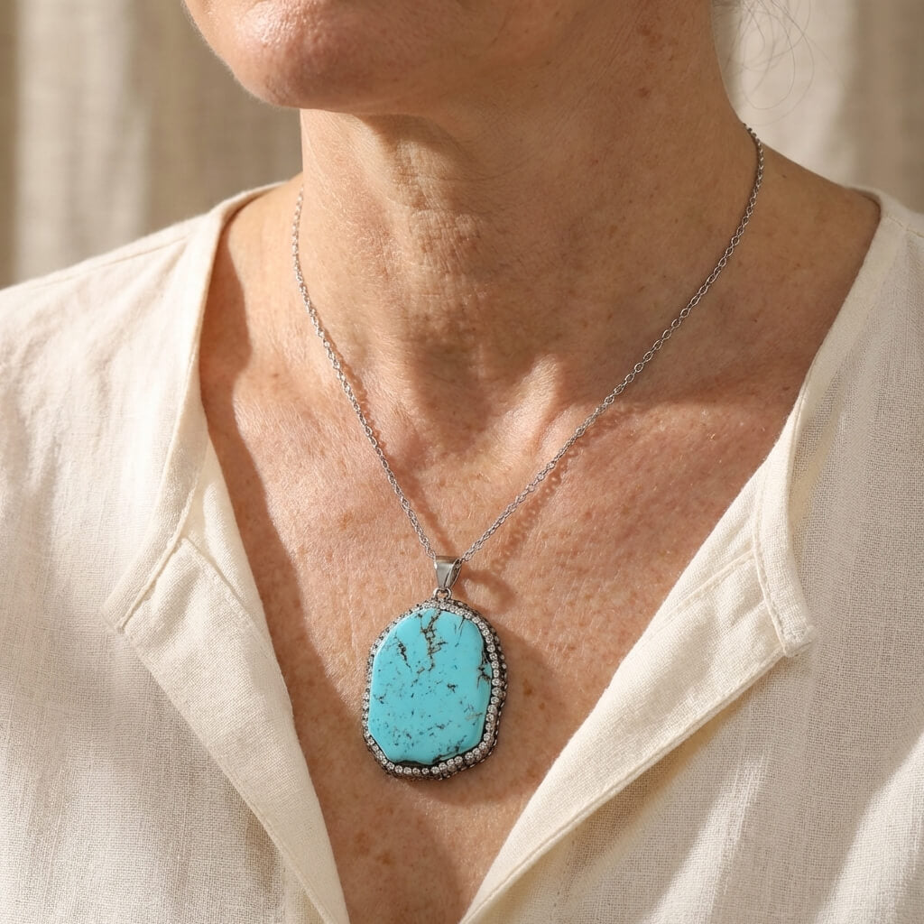 Vintage Bohemian Oval Malachite and Turquoise Pendant Necklace