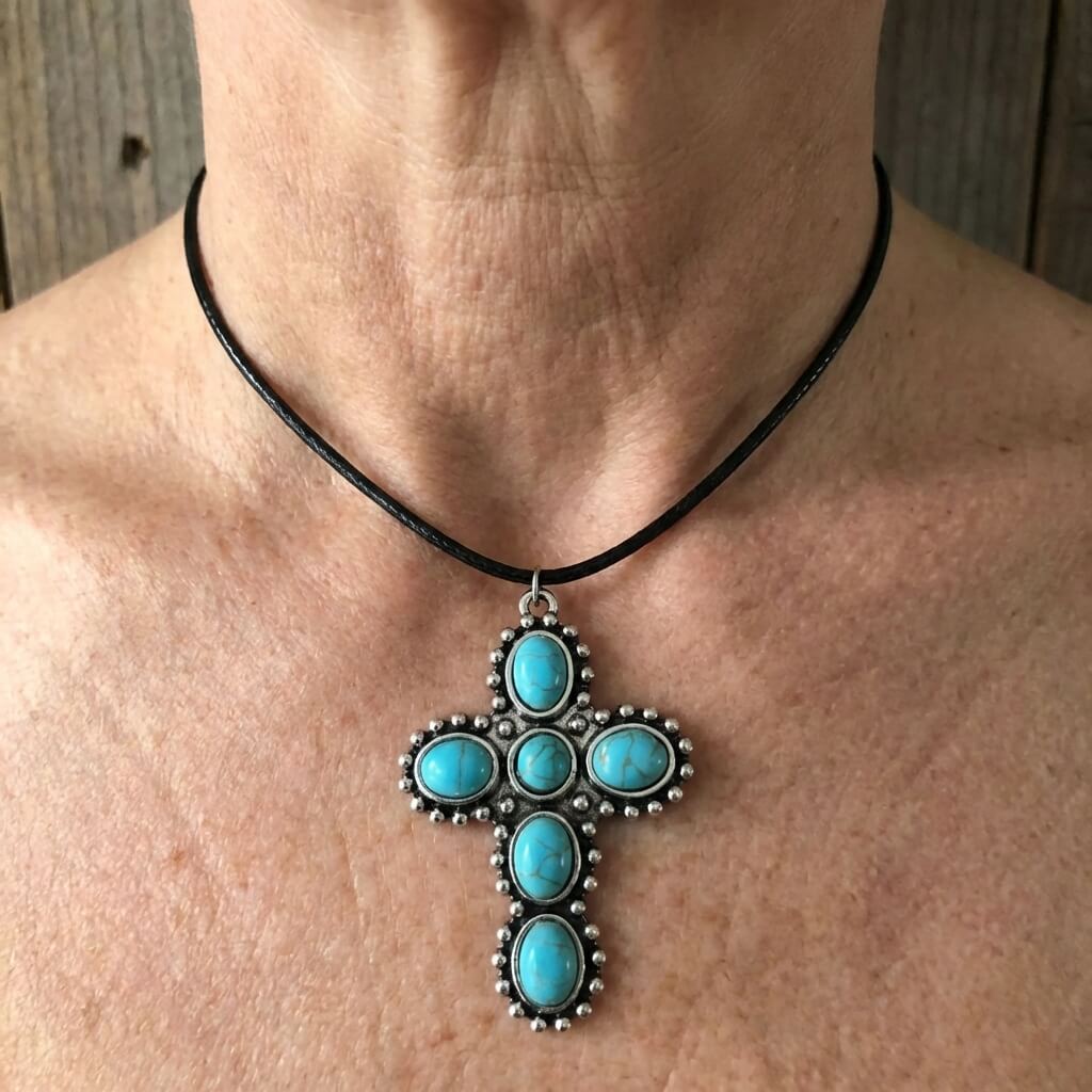 Bohemian Retro Turquoise Cross Pendant Necklace
