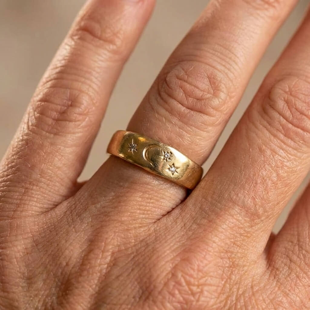 Adjustable Vintage-Style Celestial Moon and Star Gold-Plated Ring