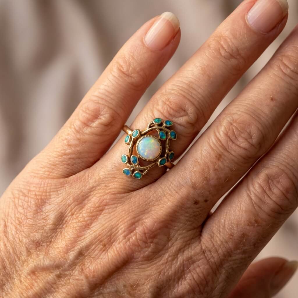 Vintage-Style Floral Opal-Look and Blue Crystal Gold-Tone Ring