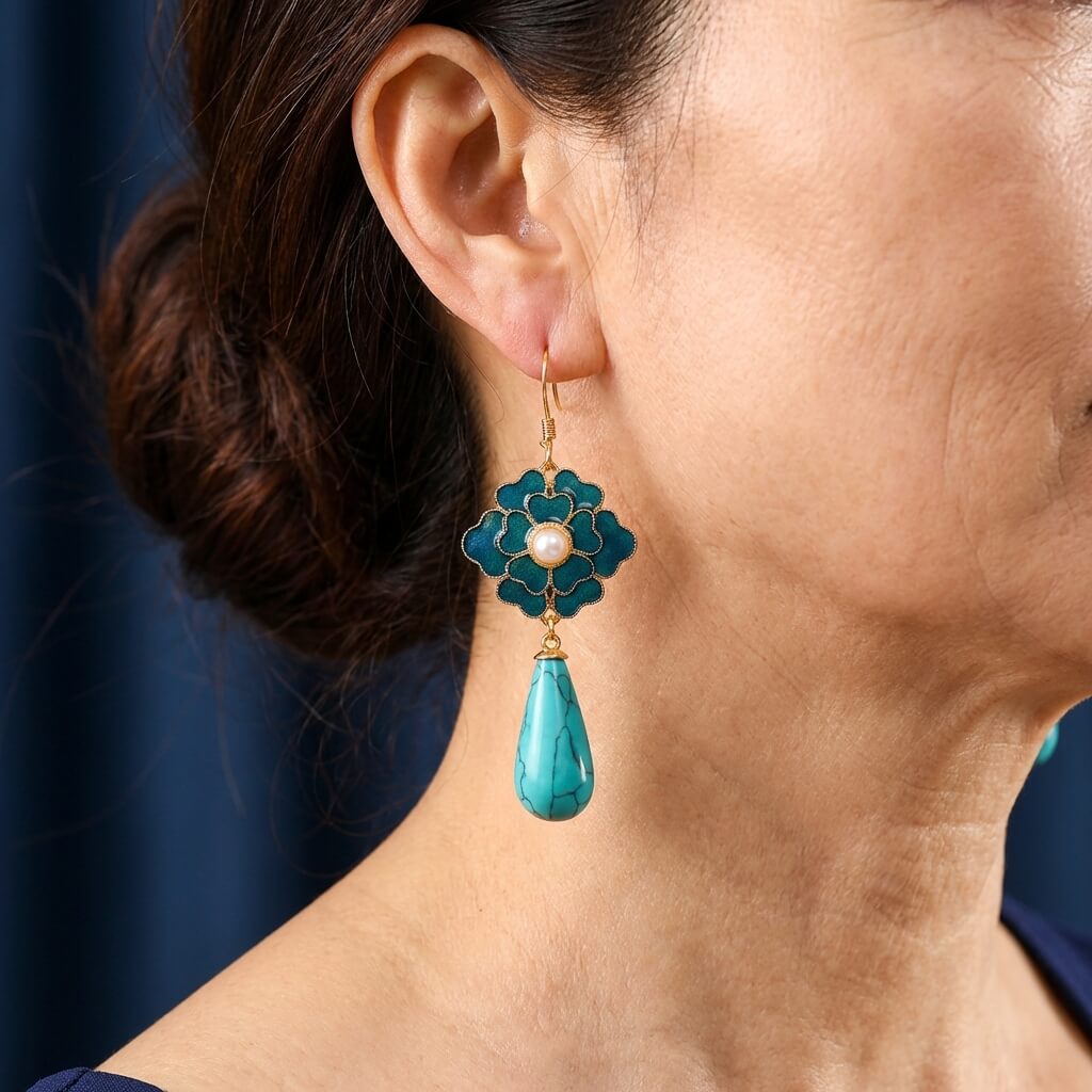 Vintage-Style Turquoise Floral and Pearl Drop Earrings