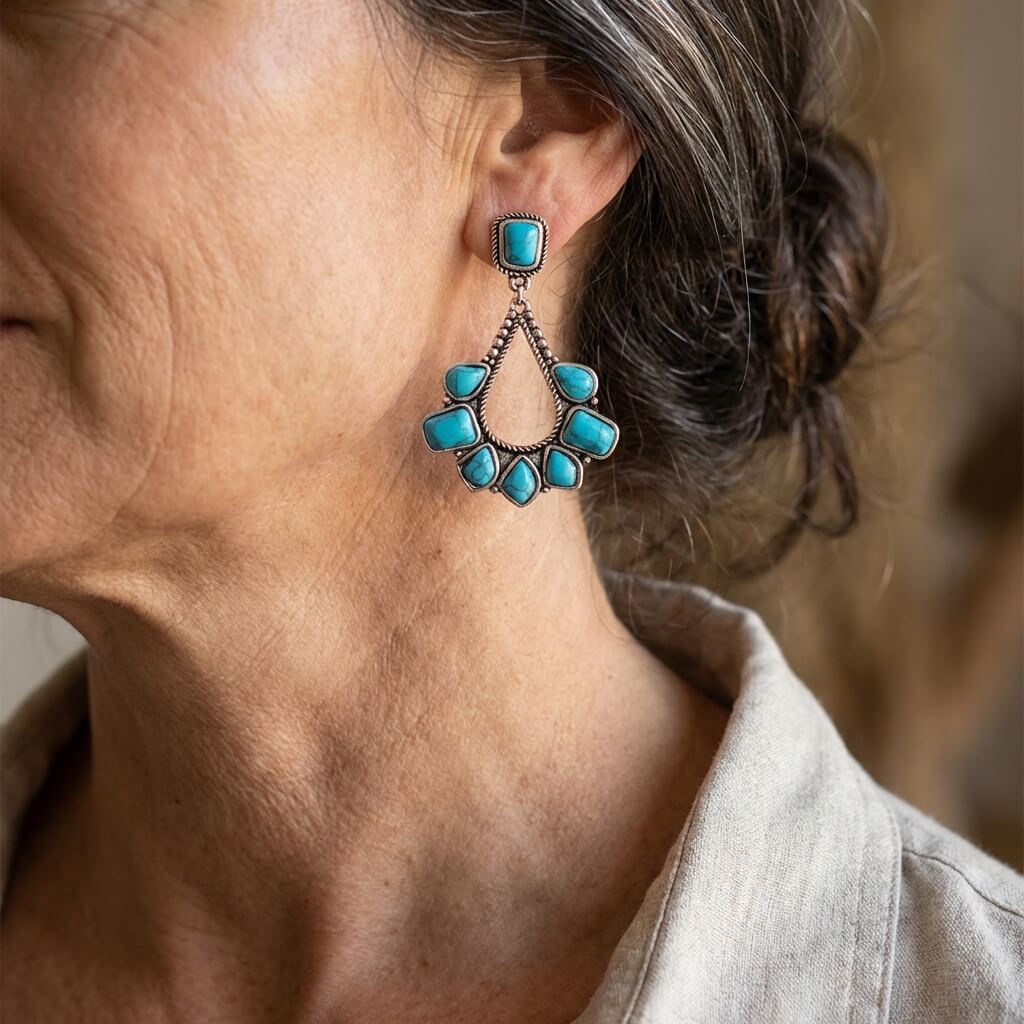 Brincos Pendentes Vintage com Turquesa Banhados a Prata