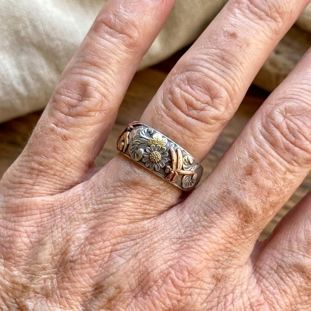 Vintage-Style Mixed-Metal Sunflower and Dragonfly Ring