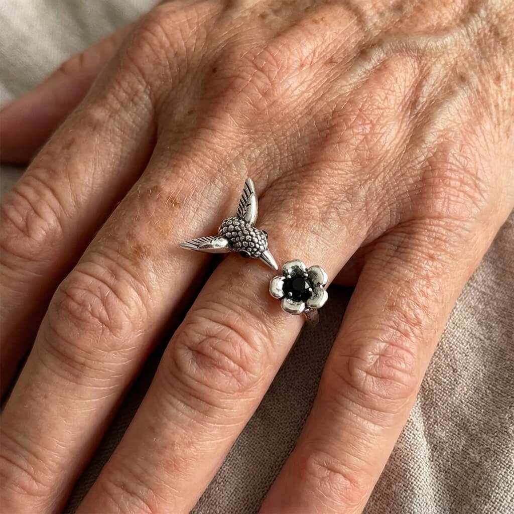 Adjustable Vintage-Style Silver-Plated Hummingbird and Flower Open Ring