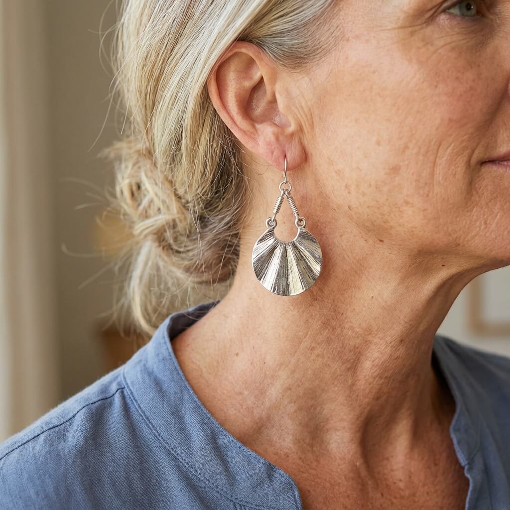 Bohemian Textured Silver-Tone Fan Drop Earrings
