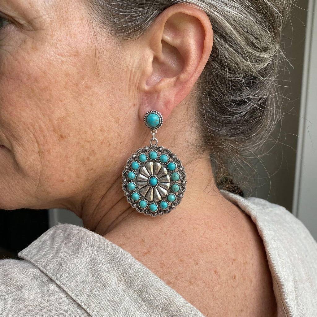 Vintage Turquoise and Pearl Medallion Earrings
