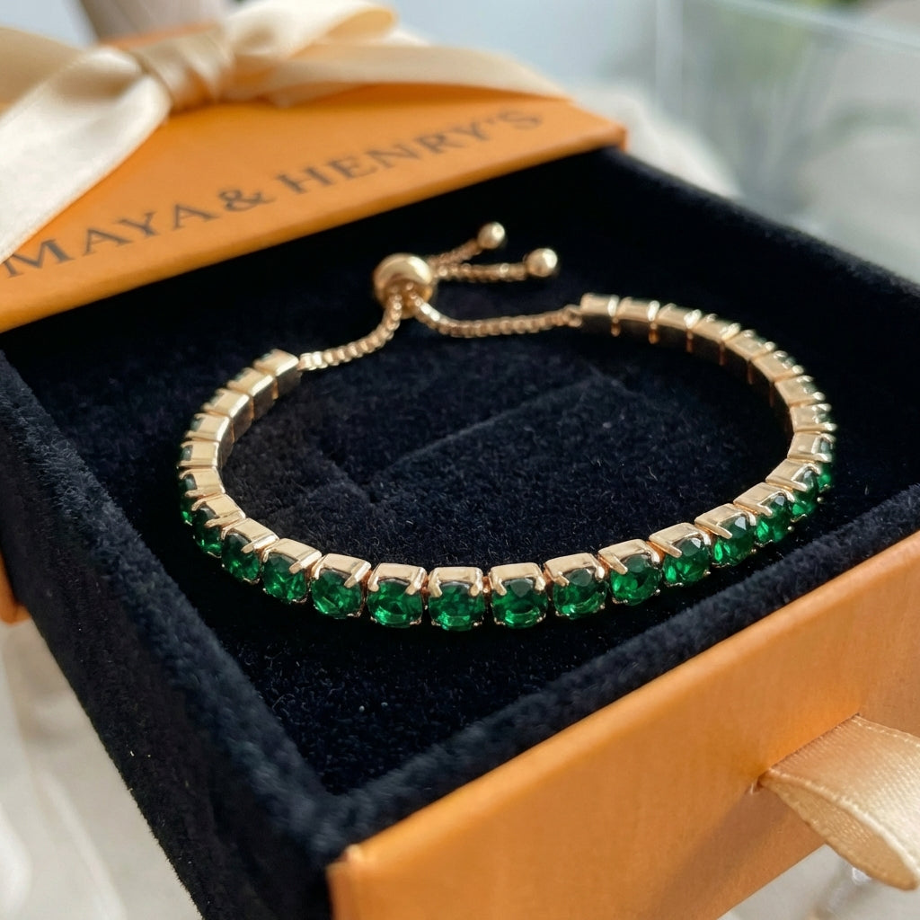 Adjustable Green Stone Tennis Bracelet in Gold Tone