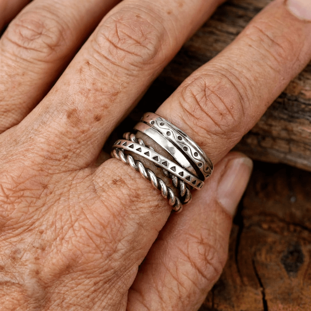 Bohemian Aztec Wide Band Silver-Tone Ring