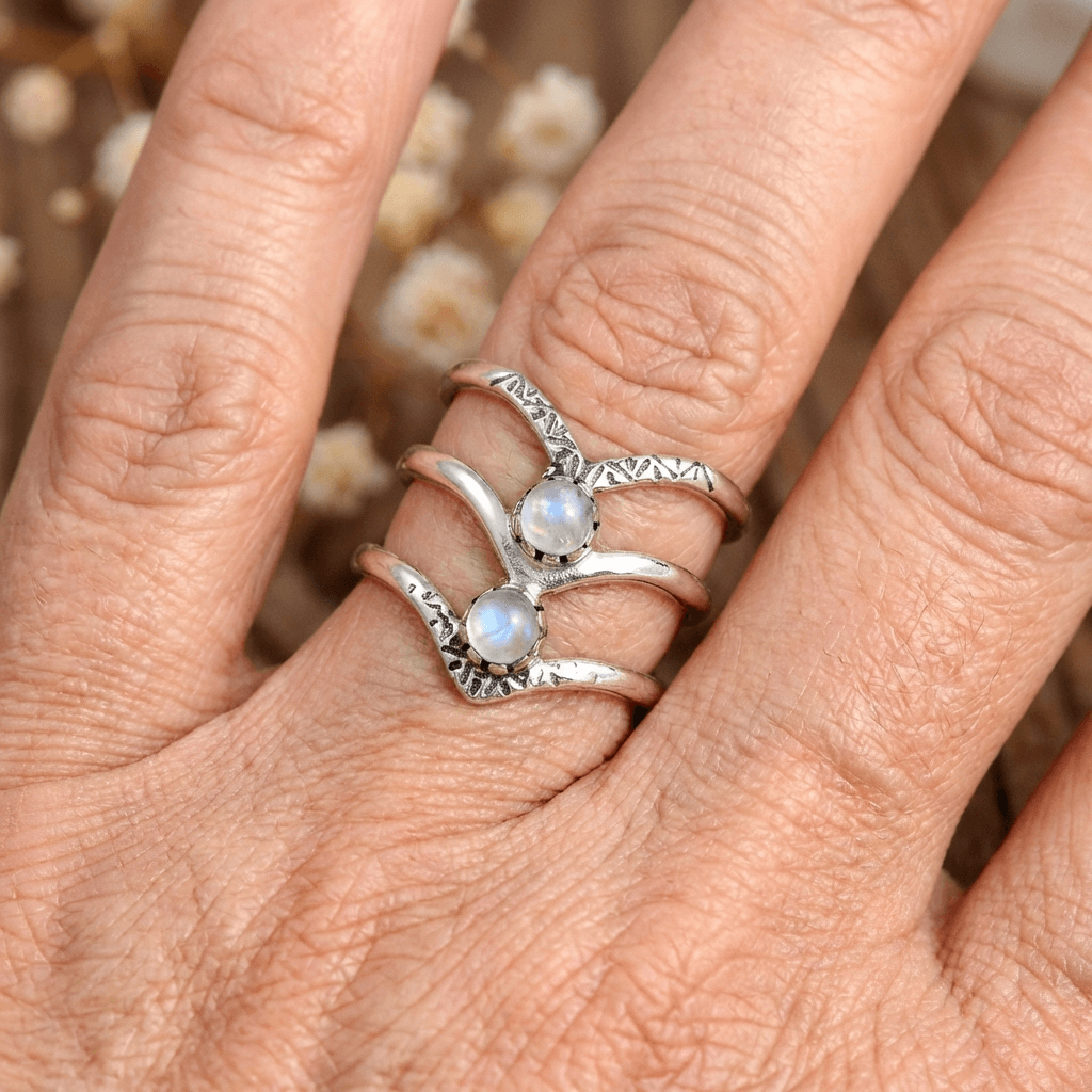 Bohemian Triple Chevron Rainbow Moonstone Silver-Tone Ring