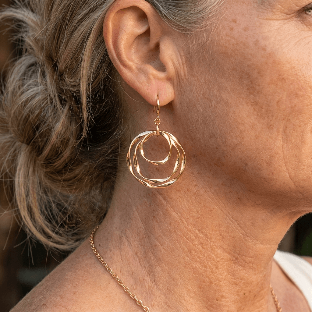 Boho gehamerde oorhangers met dubbele ring in mat goudkleur