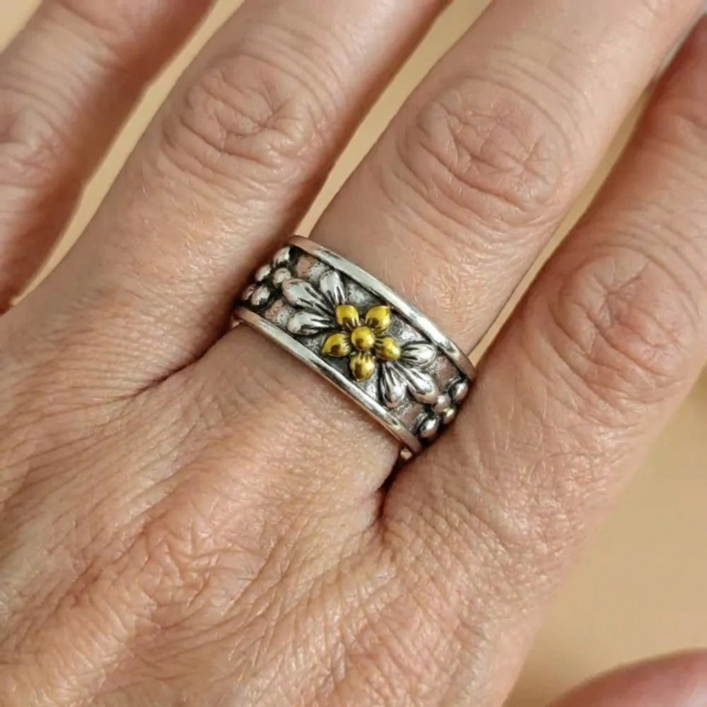 Bohemian Carved Floral Wide Band Ring