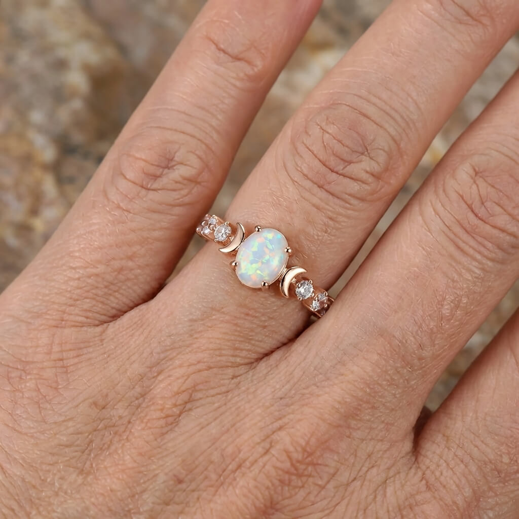White Fire Opal-Look Small Moon Gold-Plated Ring