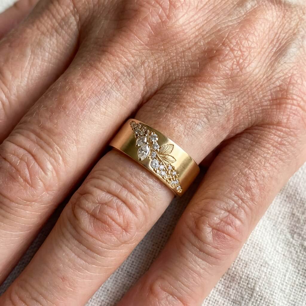Vintage-Style Wide Gold-Plated Shiny Zirconia Leaf Ring