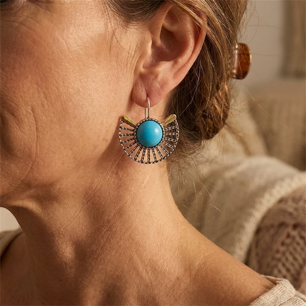 Bohemian Turquoise Fan-Shaped Hollow Hook Earrings