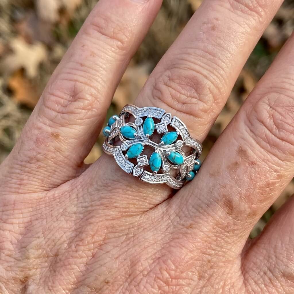 Openwork Statement Ring with Turquoise-Look Stones and Crystals