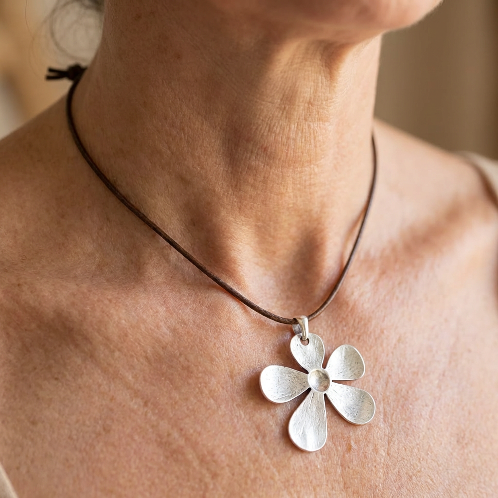 Minimalistische ketting met gehamerde asymmetrische bloemhanger
