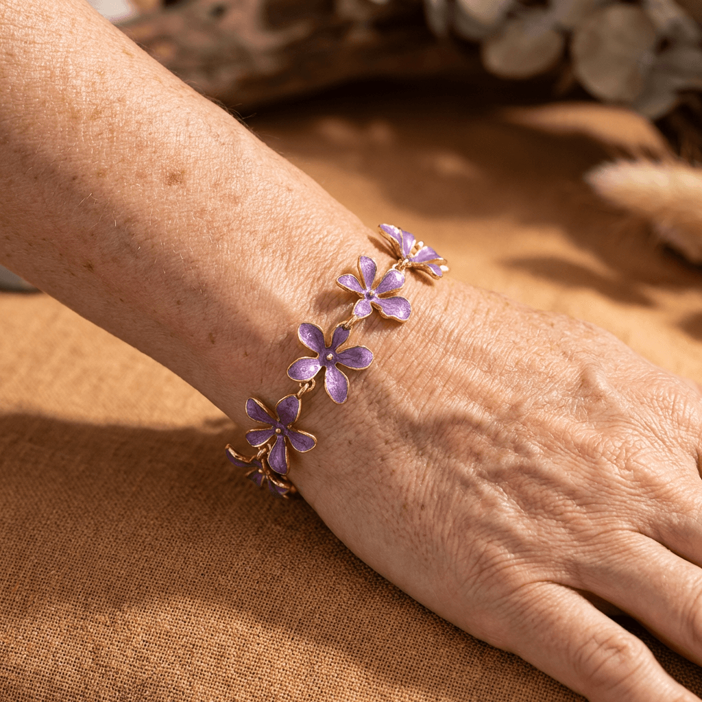 Vintage-Style Purple Enamel Flower Gold-Plated Bracelet