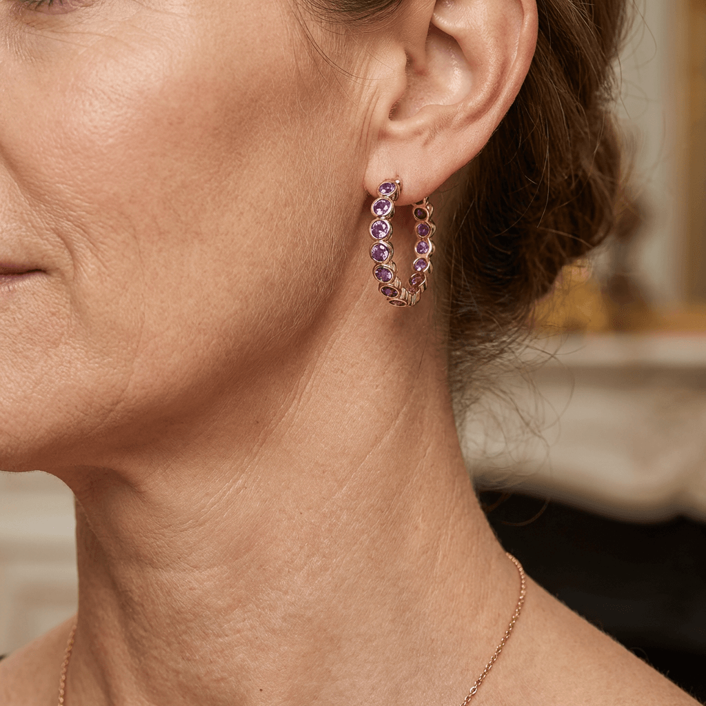 Ethnic-Style Purple Zirconia Crystal Hoop Earrings