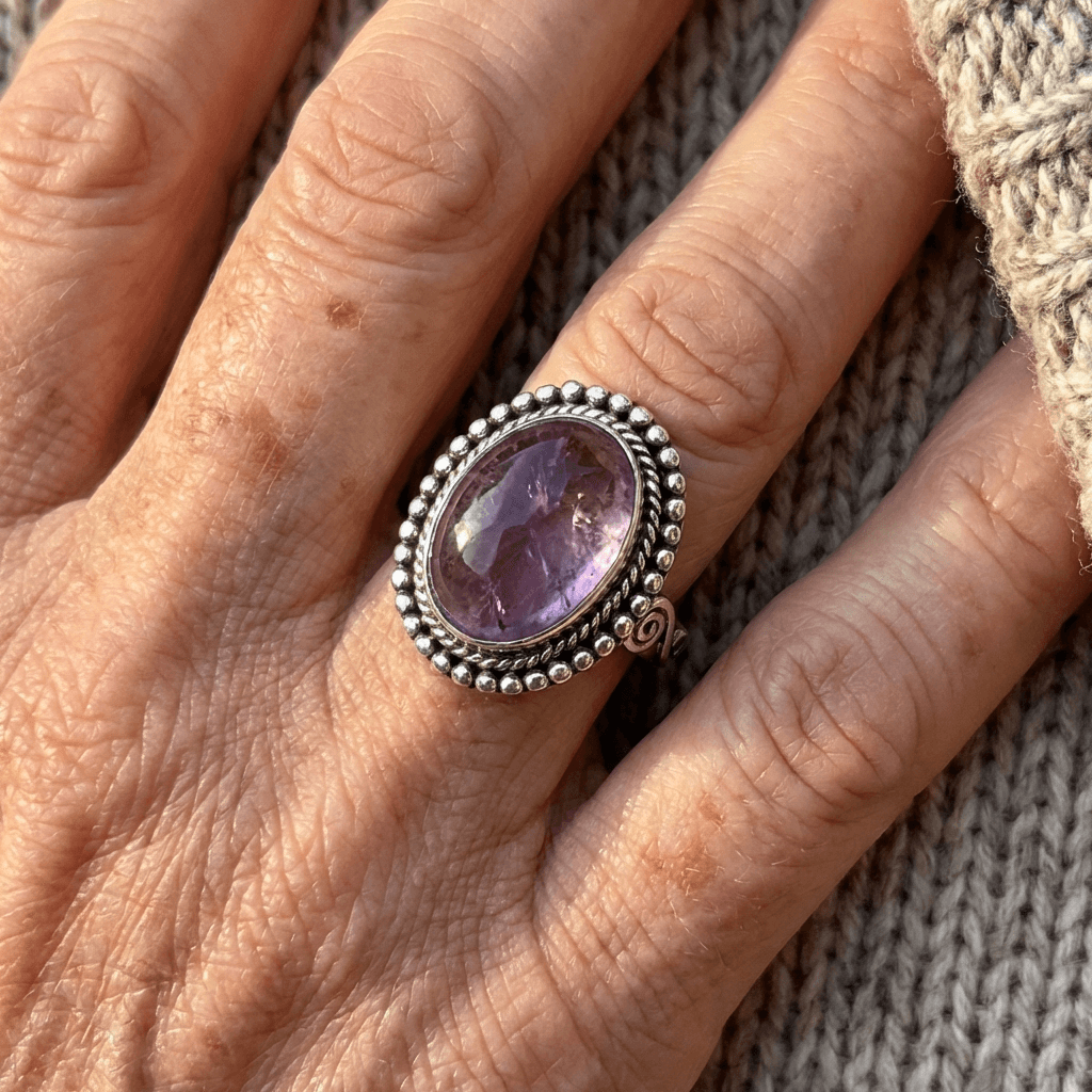 Vintage-Style Oval Purple Zirconia Filigree Cocktail Ring