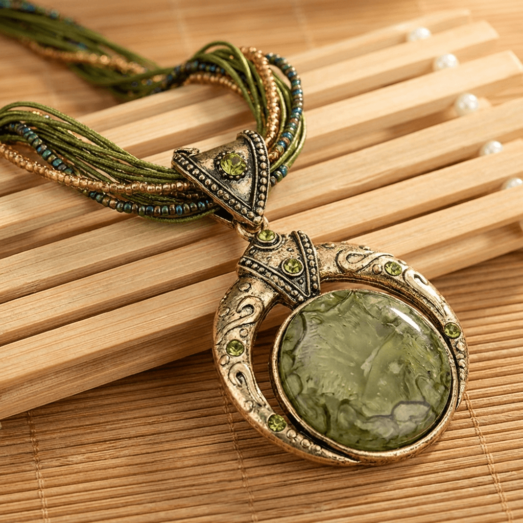 Bohemian Green and Gold-Tone Necklace