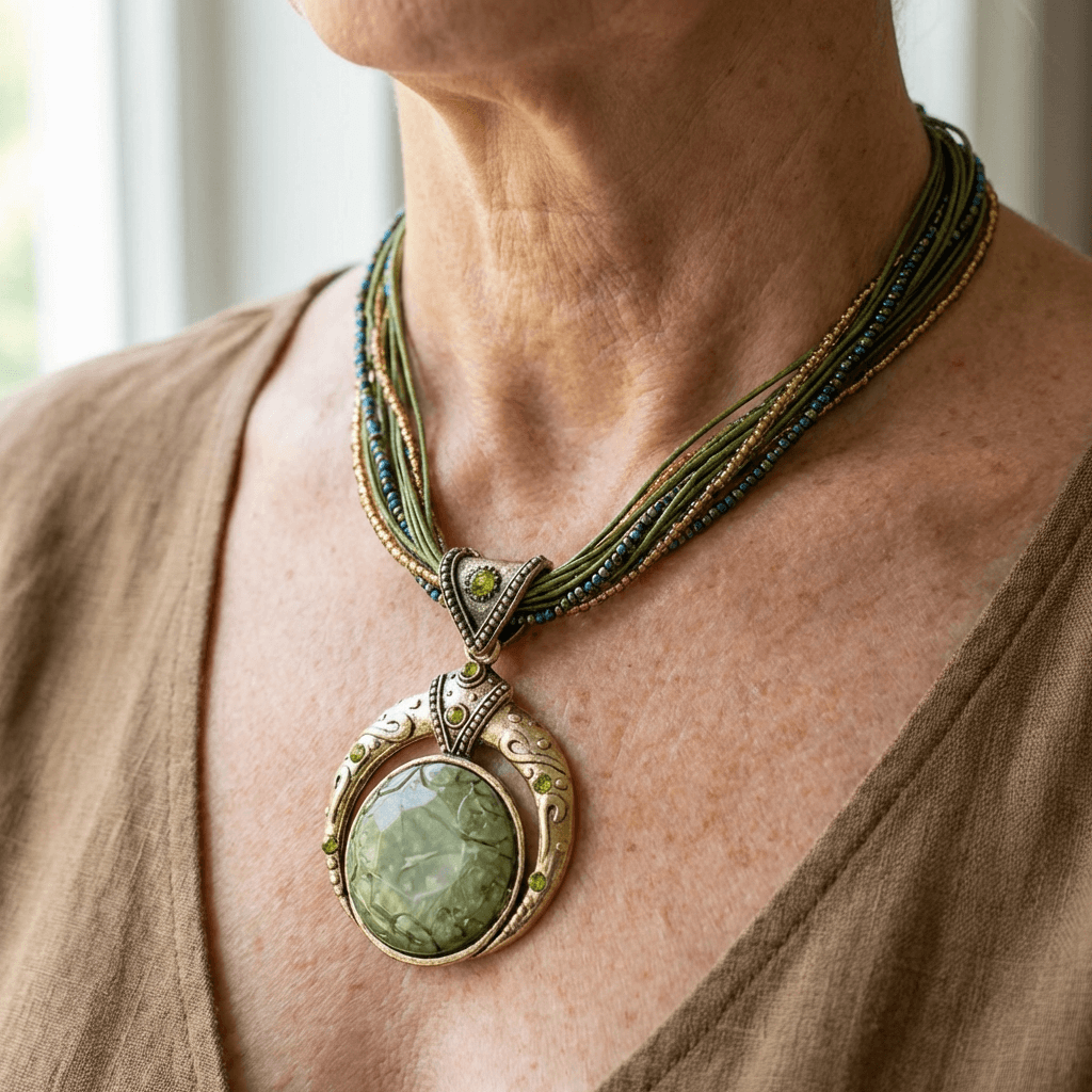 Bohemian Green and Gold-Tone Necklace