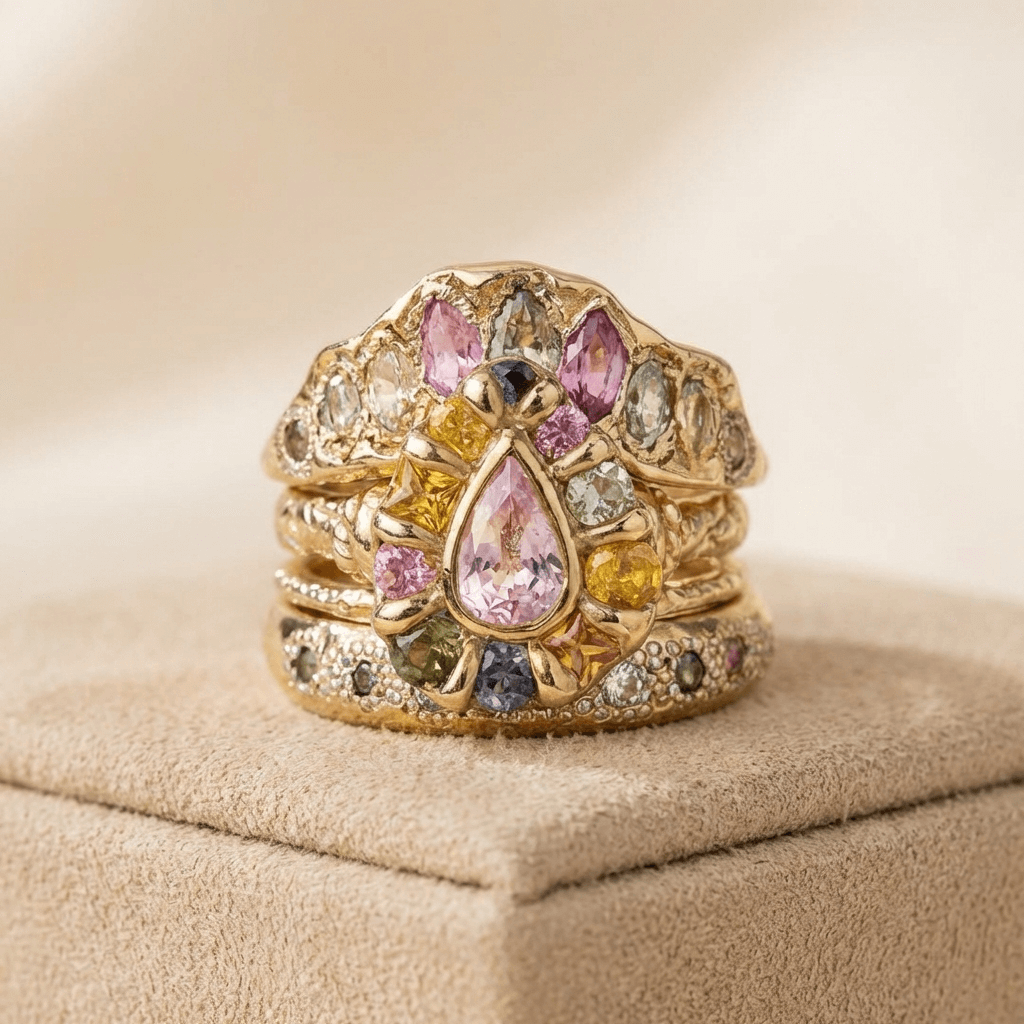 Cocktail Colourful Stone Forged Gold-Tone Ring