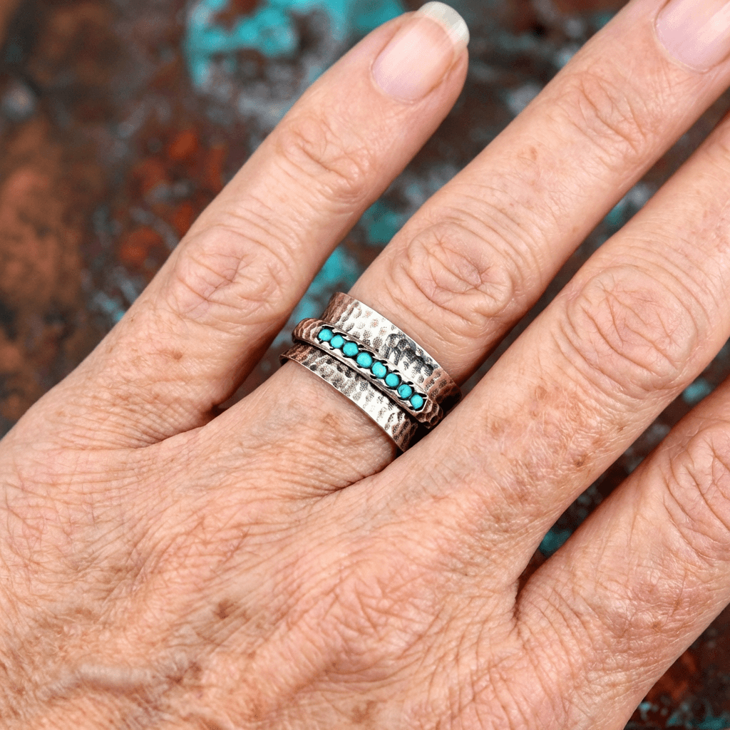 Hammered Silver-Plated Turquoise Spinner Ring