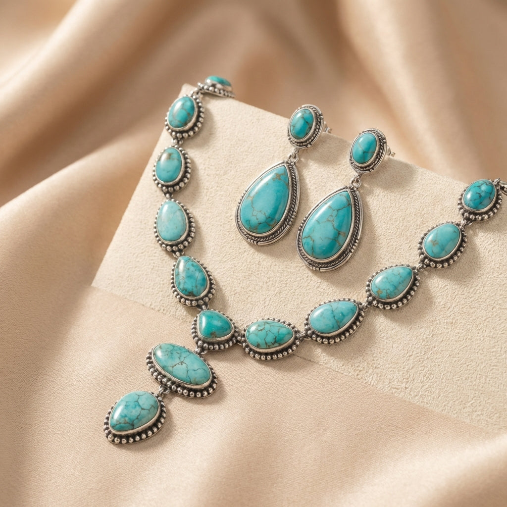 Vintage statementketting en oorbellen met turkoois