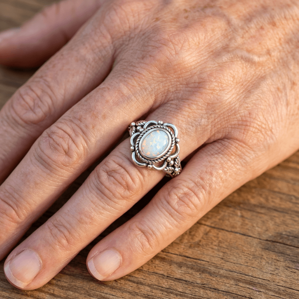Vintage Silver-Plated Opal-Look Rhinestone Leaf Ring