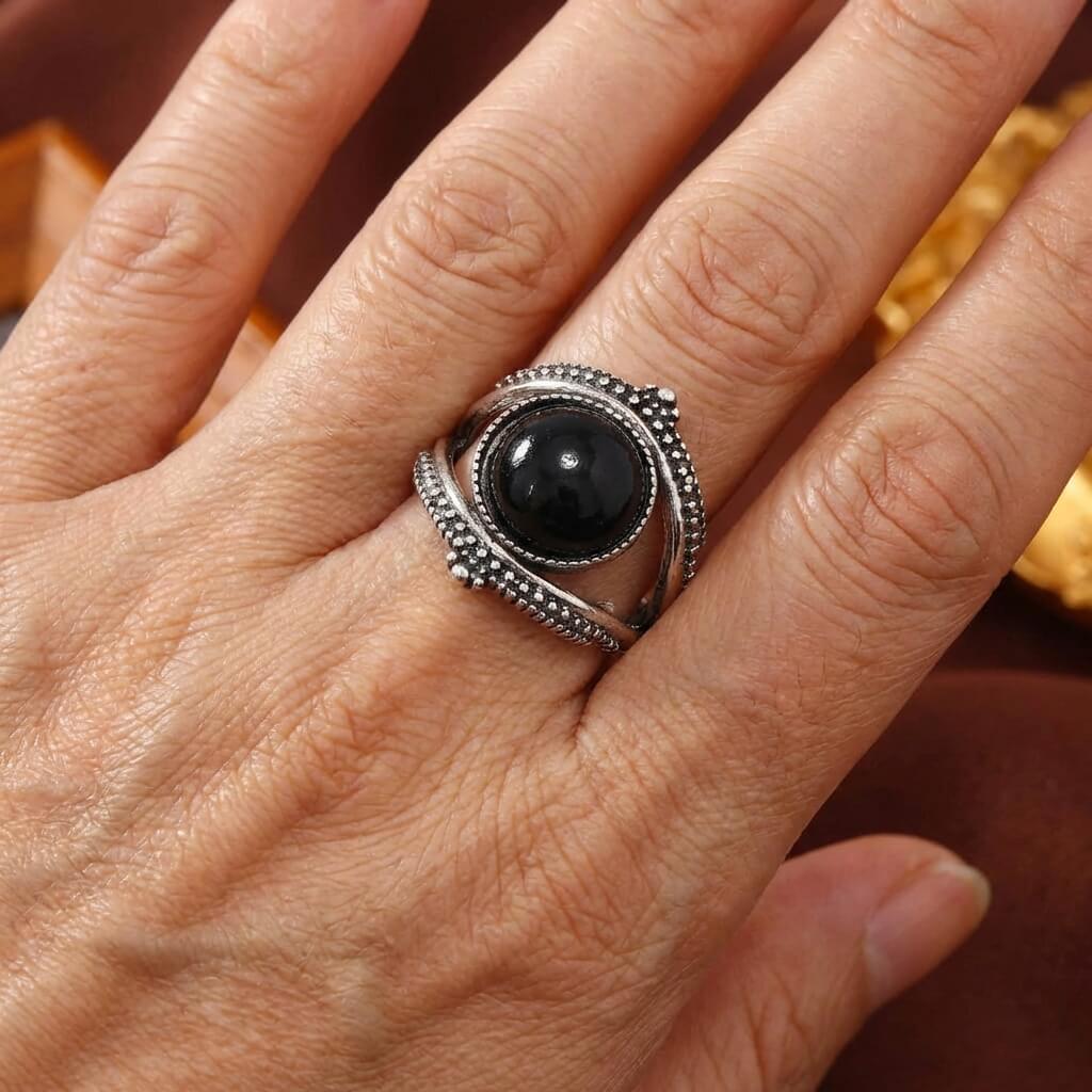 Vintage-Style Round Black Stone Cuff Ring