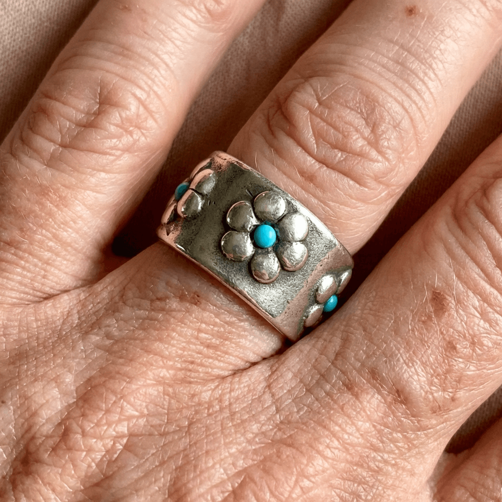 Bohemian Silver-Tone Flower Turquoise Wide Ring
