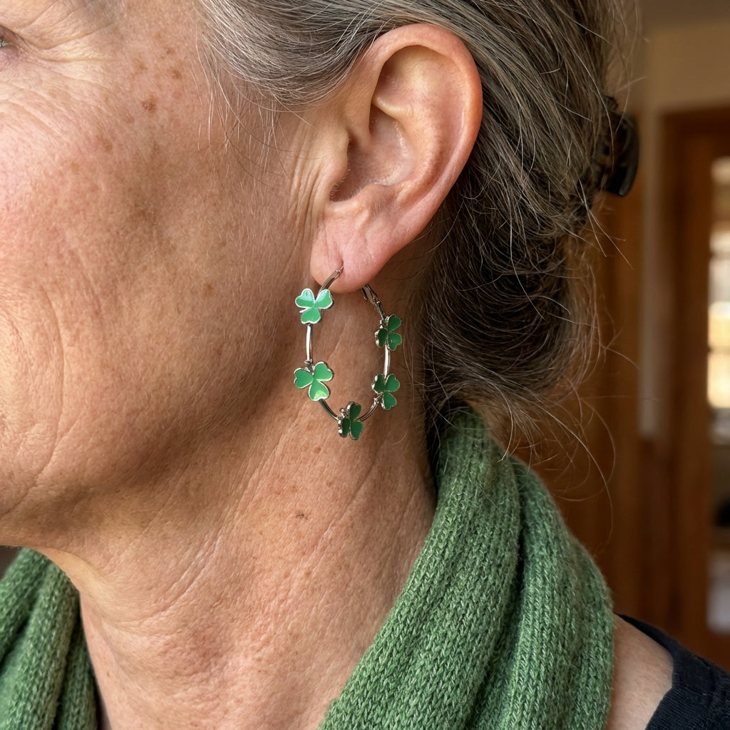 Vintage Bohemian Silver-Plated Green Floral Hoop Earrings