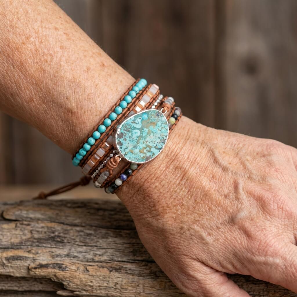 Handmade Ocean Jasper Leather Wrap Bracelet