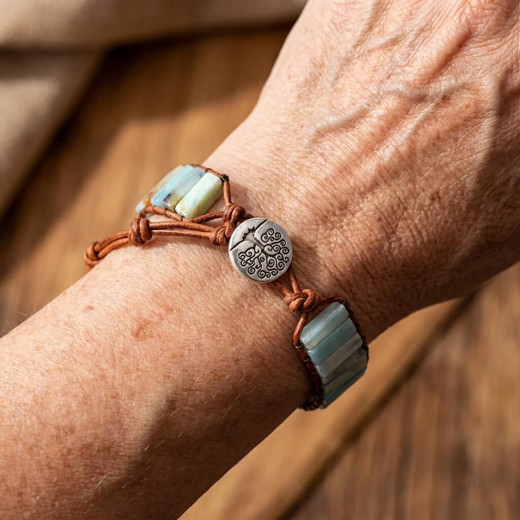 Amazonite and Leather Tree of Life Bracelet in Two Leather Tones