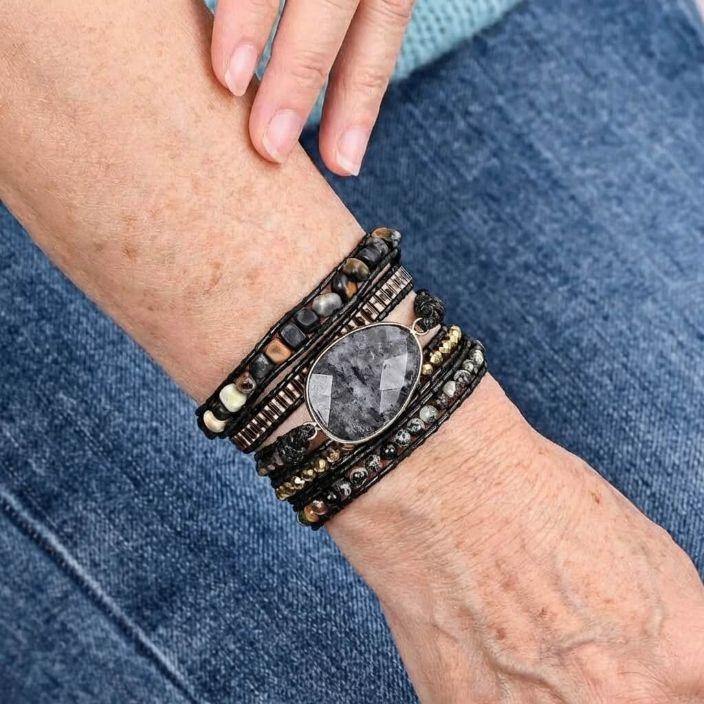 Black Labradorite and Picasso Jasper Beaded Wrap Bracelet