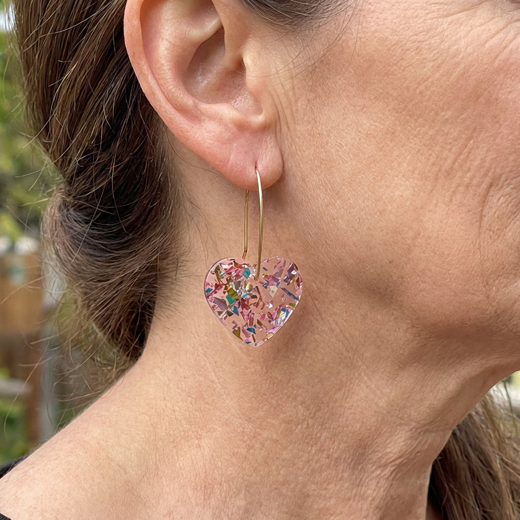 Vintage Resin Glitter Heart Pendant Earrings