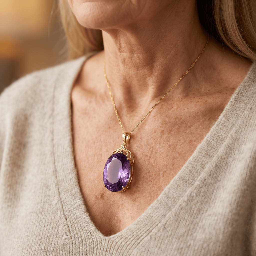 Purple Synthetic Zirconia Inlaid Oval Pendant Necklace