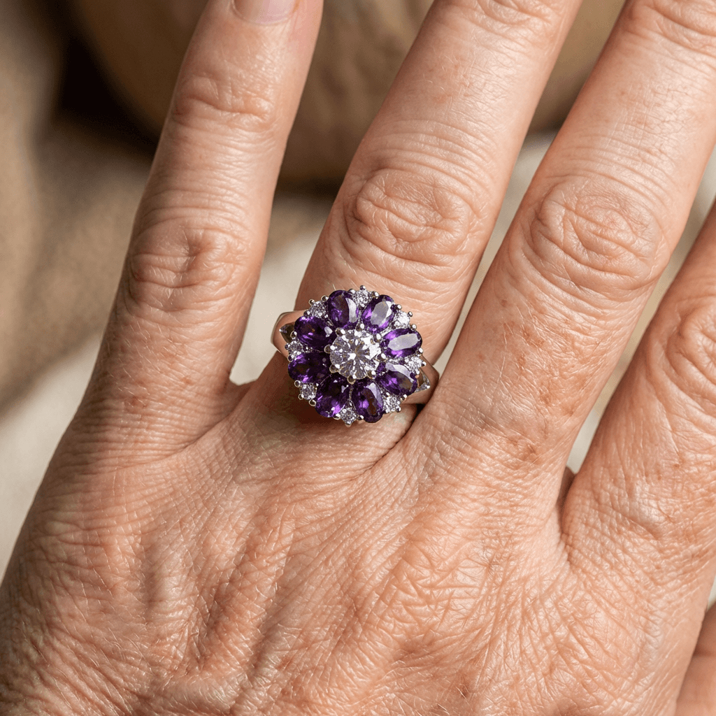 Purple Zirconia Flower Ring