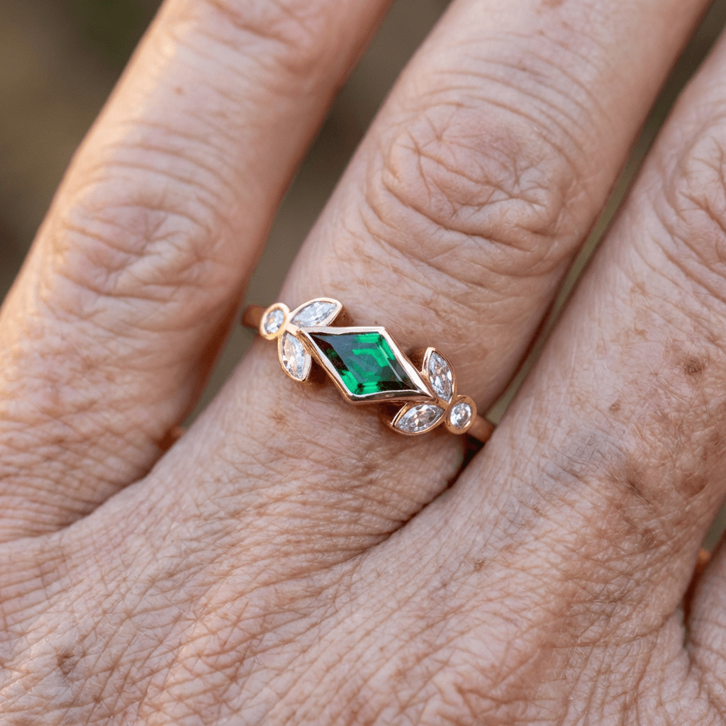 Leaf-Accent Green Cubic Zirconia Ring