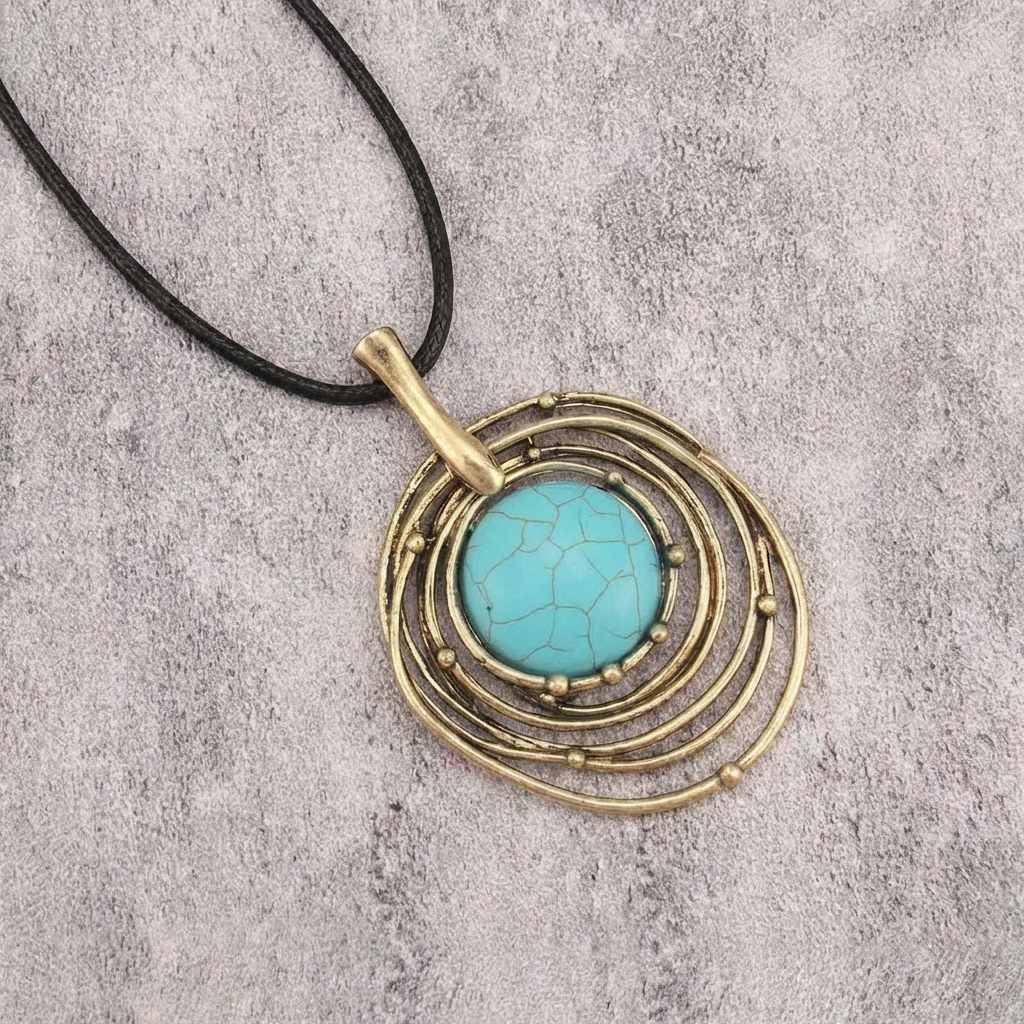 Lange ketting van zwart waskoord met turquoise steen