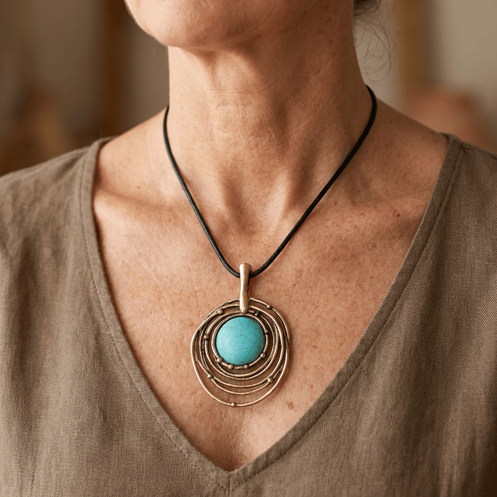 Lange ketting van zwart waskoord met turquoise steen
