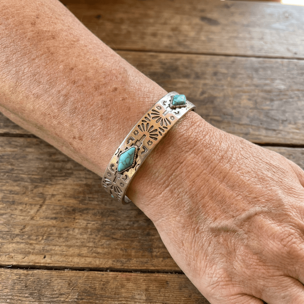 Vintage Western Totem Engraved Turquoise-Look Bracelet