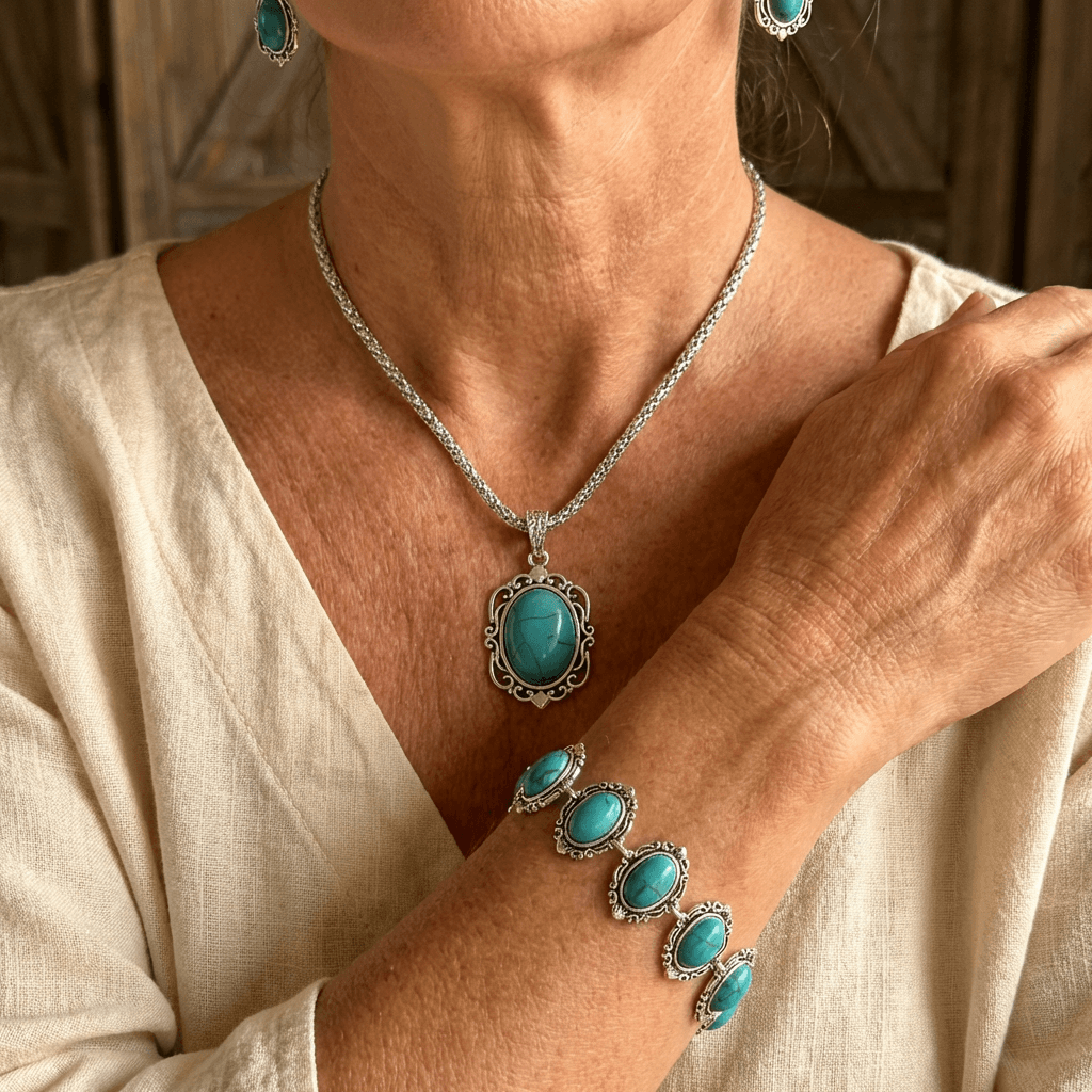 Vintage Bohemian Turquoise Floral Geometric Jewellery Set