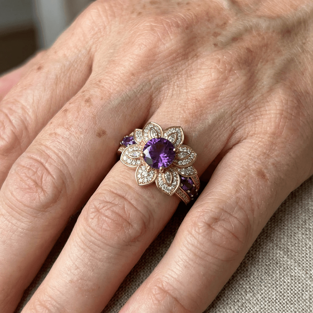Gold-Tone Floral Purple Crystal Ring