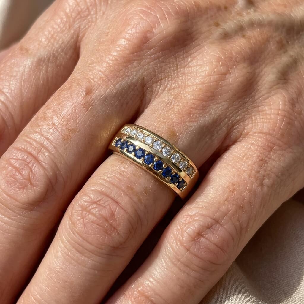 Double-Row Blue Crystal Gold-Plated Band Ring