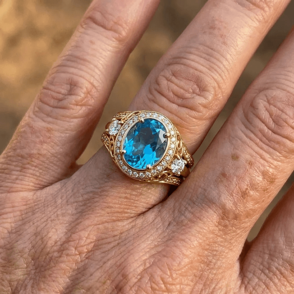 Gold-Plated Blue Zirconia Crystal Ring