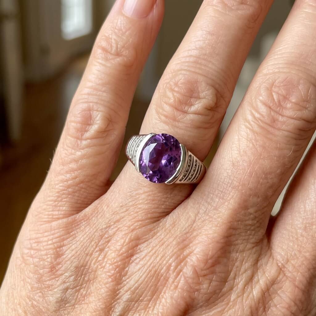 Silver-Plated Round Purple Zirconia Ring
